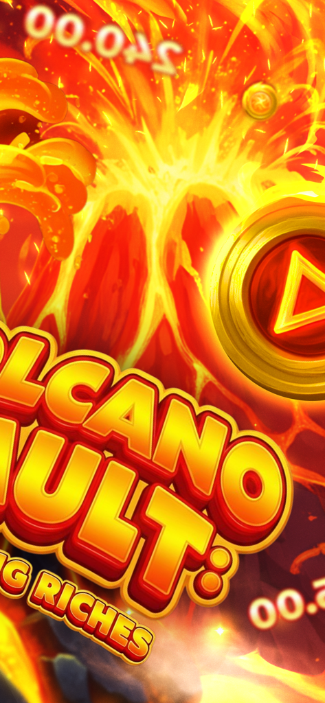 Volcano Vault: Erupting Riches - Pantalla de título del juego Volcano Vault Erupting Riches con un volcán en erupción con lava y un botón de reproducción dorado