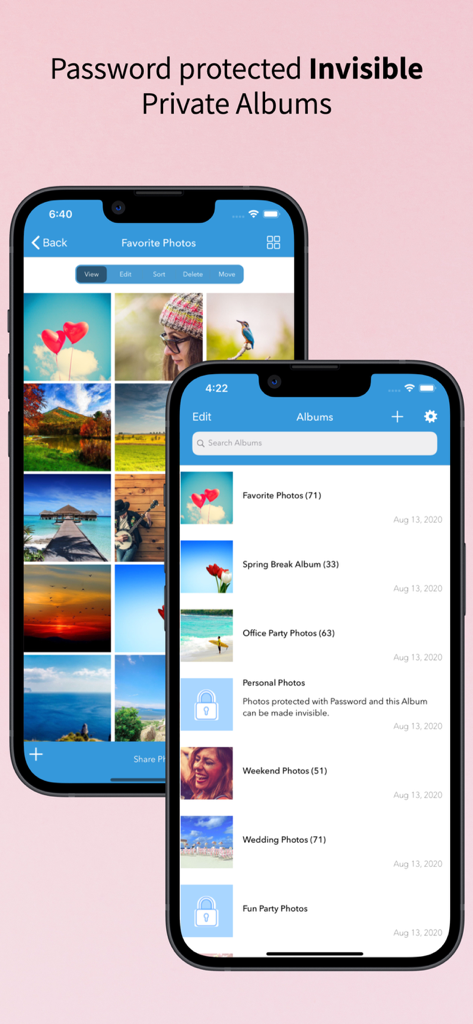 Interface showing password protected private albums and a secure photo gallery with various categories