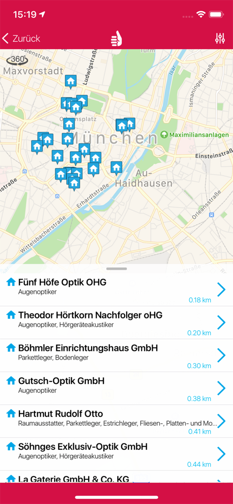 Handwerkerradar - Karten- und Listenansicht mit zertifizierten lokalen Handwerkern und Gewerbetreibenden in München.