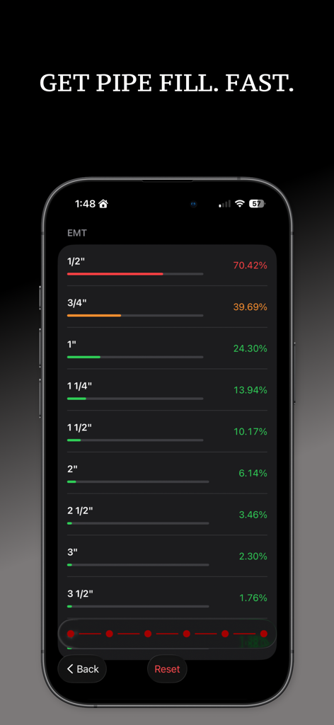 A list of EMT conduit sizes from 1 2 inch to 3 1 2 inch with their corresponding fill percentages displayed on a mobile app screen