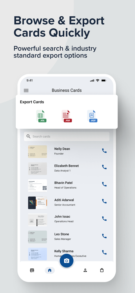 Interfaz de la aplicación Escáner de Tarjetas de Presentación con IA que muestra una lista de contactos y opciones de exportación de archivos en formatos XSL, PDF y VCF.