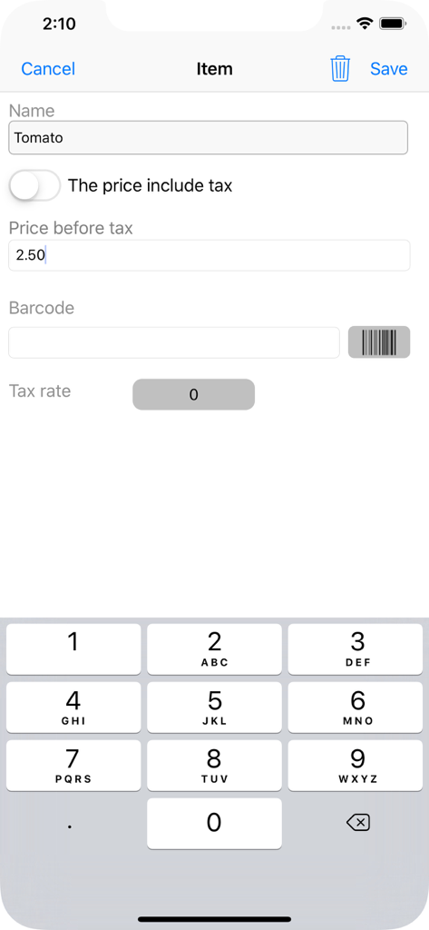 Invoice Pro. - Mobile app interface for adding a new product item with name price and barcode fields