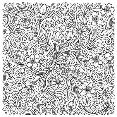 Delight in the beauty of spring with this mesmerizing coloring page, showcasing a rich tapestry of swirling patterns and blooming flora. Unwind as you bring to life intricate roses, tulips, and various blossoms intertwined with graceful vines.