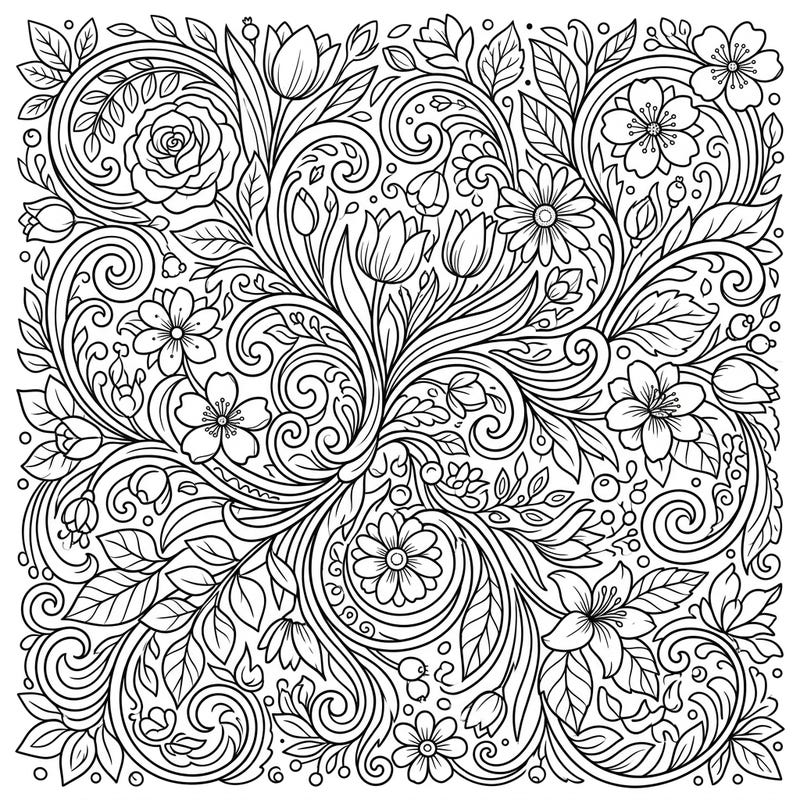 Delight in the beauty of spring with this mesmerizing coloring page, showcasing a rich tapestry of swirling patterns and blooming flora. Unwind as you bring to life intricate roses, tulips, and various blossoms intertwined with graceful vines.