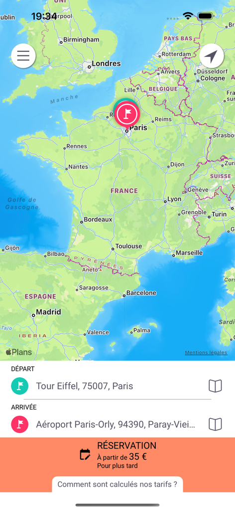 MOOV VTC - Interfaccia dell'app MOOV VTC che mostra una richiesta di corsa dalla Torre Eiffel all'aeroporto di Orly su una mappa della Francia