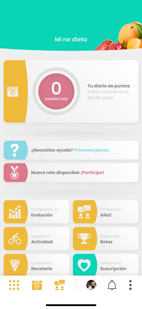 Mi no dieta mobile app home screen showing daily points tracker and healthy habit categories.