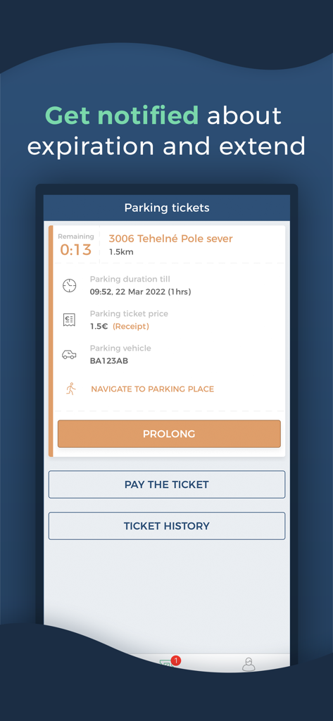 ParkDots app screen showing a parking ticket with 13 minutes remaining and a button to prolong the session