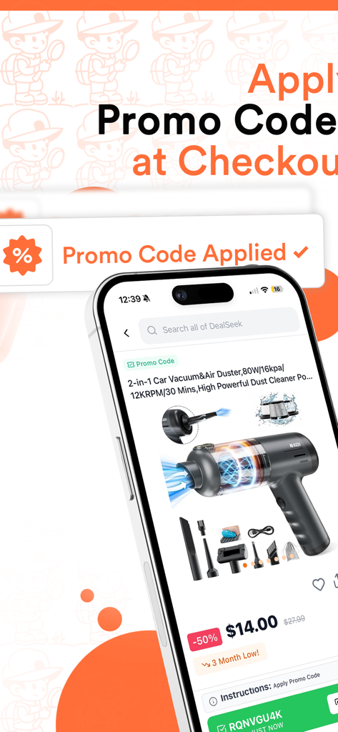 Smartphone mostrando la aplicación DealSeek con un código promocional aplicado para un descuento al finalizar la compra.