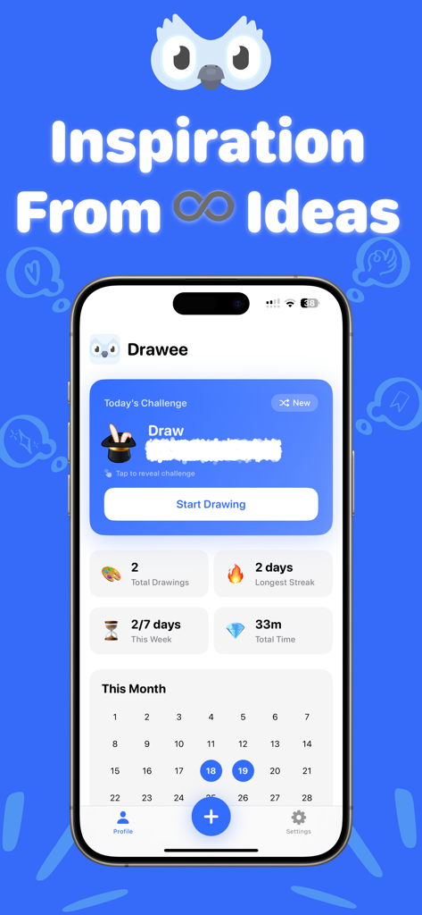 Drawee: AR Drawing - Interface of the Drawee app showing the daily drawing challenge and habit tracking statistics