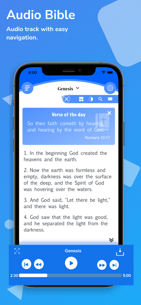Amplified Bible (AMP) Audio* - Amplified Bible app interface with audio playback controls and Genesis scripture text