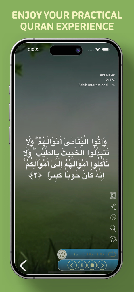 Offline Quran Audio Reader Pro - Interface of Offline Quran Audio Reader Pro showing an Arabic verse with audio playback controls on an iPhone