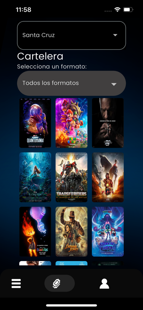 Cine Center Bolivia - Cine Center Bolivia mobile app screen showing movie listings and posters for Santa Cruz