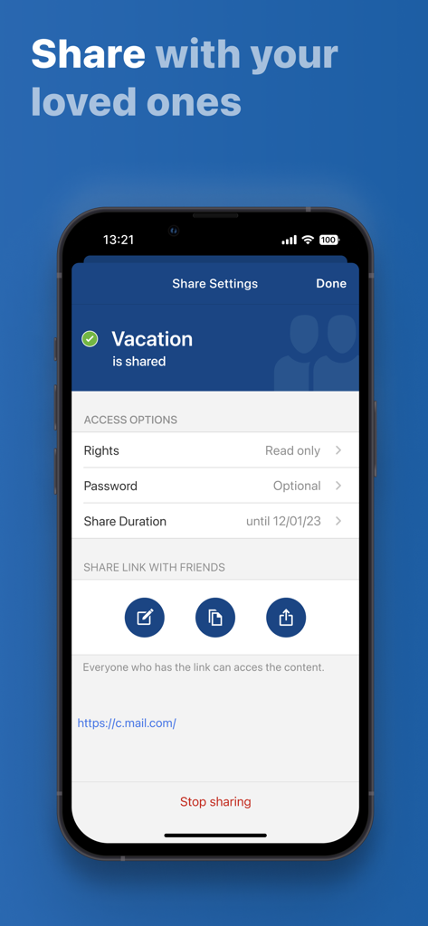 A tela de configurações de compartilhamento do aplicativo mail.com mostrando opções de acesso para arquivos na nuvem.