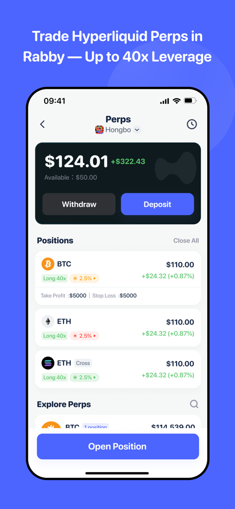 Rabby Wallet - Crypto & EVM - Rabby Wallet mobile interface showing perpetual crypto trading with leverage options