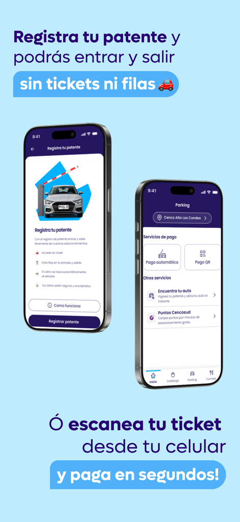 자동 주차 및 모바일 결제 옵션을 위한 번호판 등록을 보여주는 Cenco Malls 모바일 앱