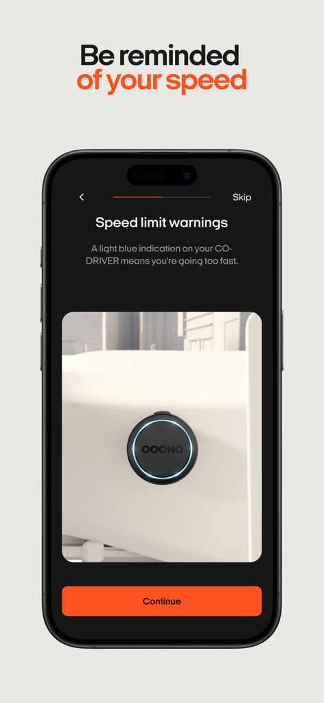 Smartphone screen showing the OOONO app explaining speed limit warnings with a blue light on the CO-DRIVER device