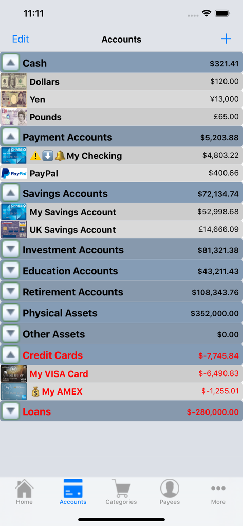 MoneyBelt - マルチ通貨の残高と純資産カテゴリを含むさまざまな財務口座を表示したMoneyBeltアプリ画面