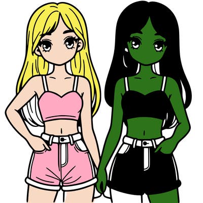 two sisters with crop tops and jean shorts and straight hair