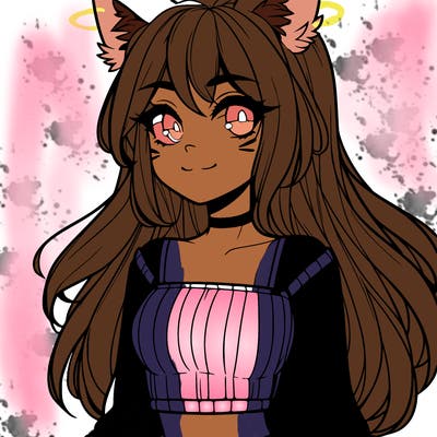 a girl with a warm expression wolf ears and long hair wearing a crop top