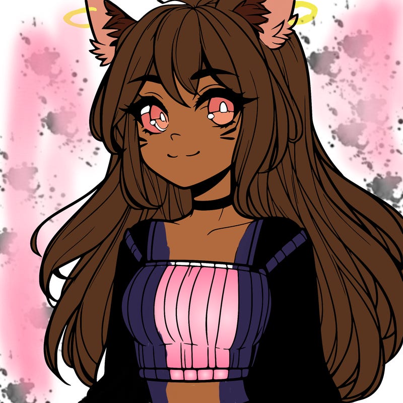 a girl with a warm expression wolf ears and long hair wearing a crop top