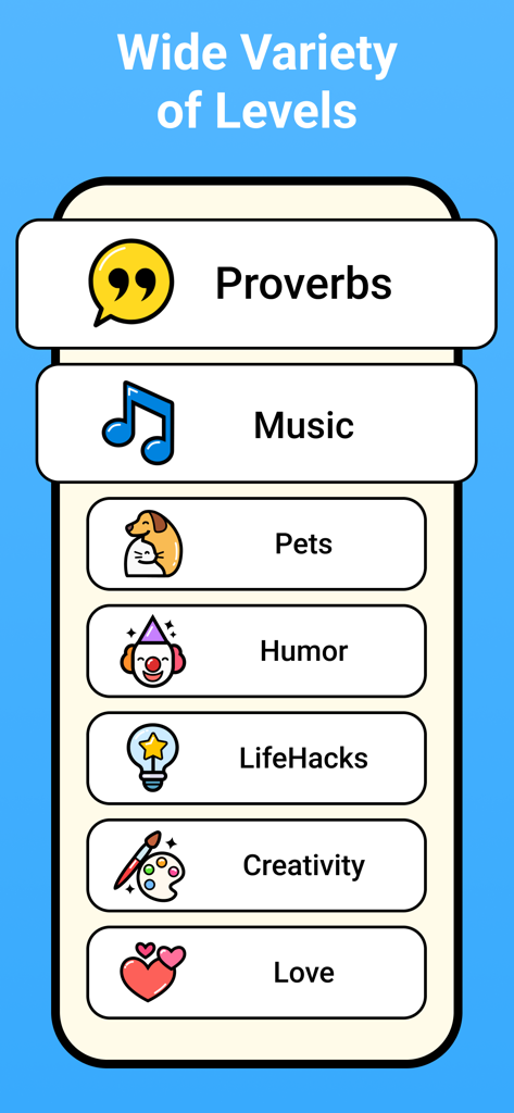 Figgerits - Word Puzzle Games - Captura de tela do aplicativo Figgerits mostrando uma lista de categorias de quebra-cabeças como Provérbios, Música, Animais de Estimação, Humor e Dicas de Vida