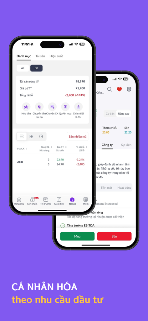 Aplicación móvil de San Xin Ha que muestra un portafolio de inversión e interfaz de trading de acciones en dos smartphones.