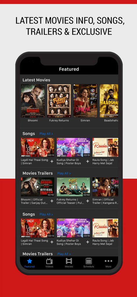 IndiaTVShowz - Bollywood App - Interface of the IndiaTVShowz app showing featured Bollywood movies, music videos, and trailers.