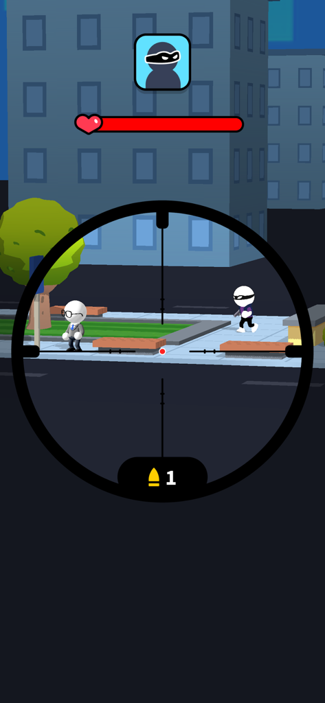 Sniper scope view aiming at a target in a city street in Johnny Trigger Sniper