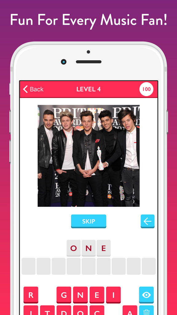 Guess The Music Artist - Free Quiz Game About Singers And Bands - Mobile game interface showing a picture of the band One Direction for the player to guess