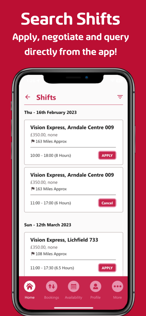 Team Locum - Interface of Team Locum app displaying a list of available healthcare shifts and an apply button