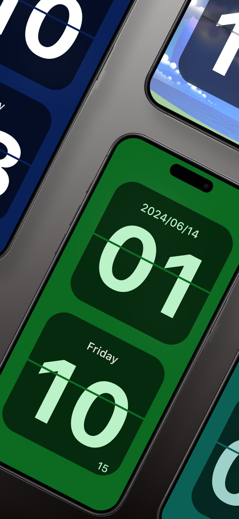 Flip Clock - Display Time Pro - Retro flip clock app displaying various aesthetic themes on mobile screens.