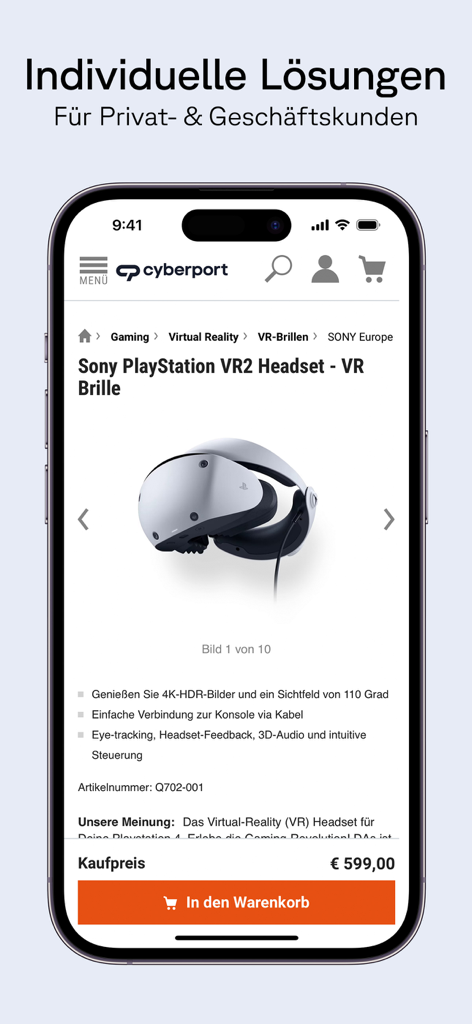 Cyberport mobile app product page for Sony PlayStation VR2 headset showing price and features