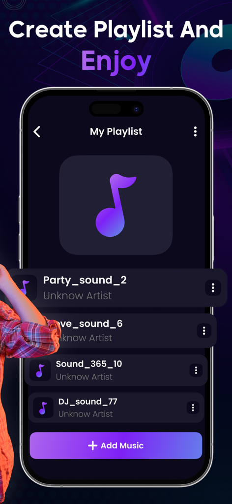 Volume Boost: Louder Sound MAX - Interface of the Volume Boost app showing a music playlist with options to add music and manage audio files