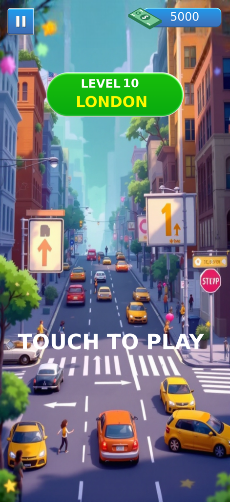 Pick Me Up Taxi Driving Game - Pantalla de juego de Pick Me Up Taxi Driving Game mostrando el nivel diez en Londres con tráfico urbano y taxis amarillos
