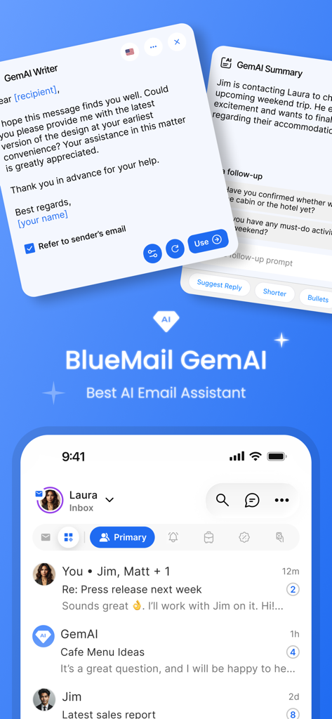 Blue Mail - Email | Calendar - 効率的なメール管理のためのGemAIライティングおよび要約ツールを表示するBlue Mailアプリのインターフェース