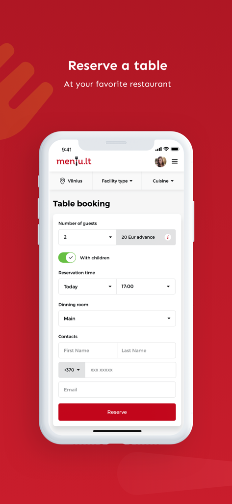 Meniu.lt - Meniu.lt mobile app screen for restaurant table reservation