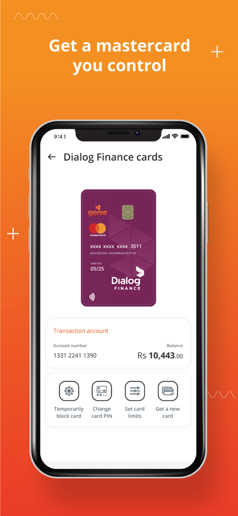Genie - A mobile screen from the Genie app showing Dialog Finance Mastercard controls like blocking the card and setting limits