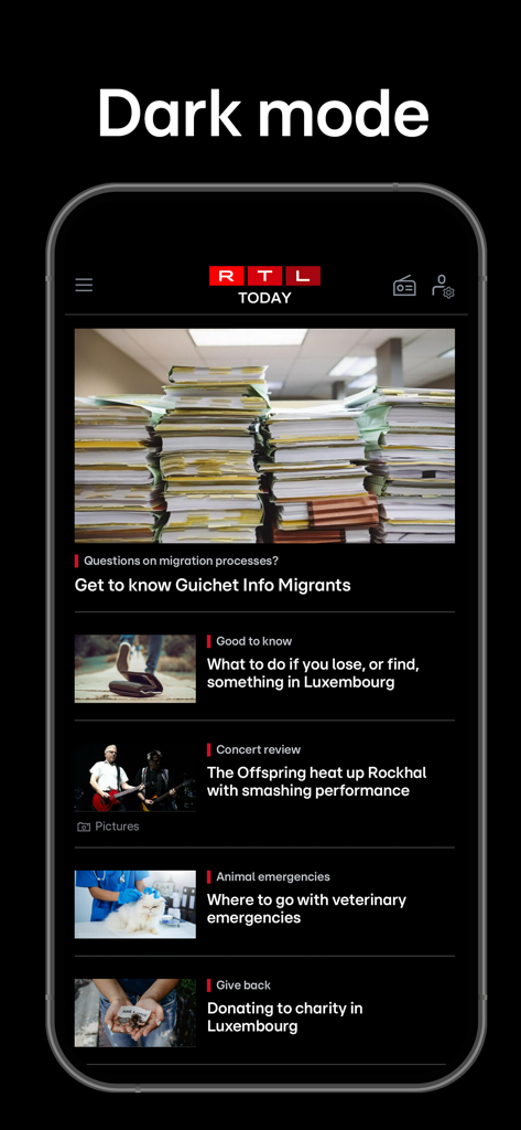 RTL Today - RTL Todayモバイルニュースアプリのインターフェース。ルクセンブルクのローカルヘッドラインがダークモードで表示されています。