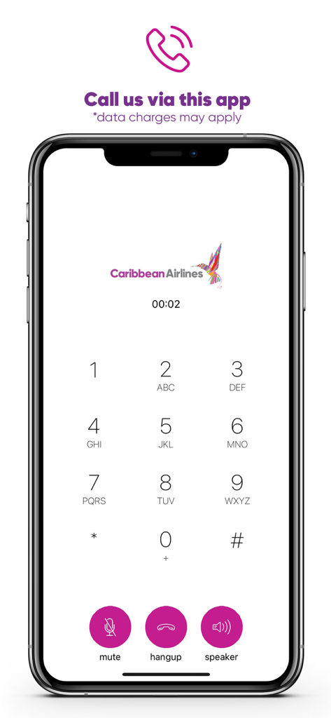 숫자 키패드 및 통화 제어 기능이 있는 캐리비안 항공 모바일 앱의 인앱 통화 기능 인터페이스