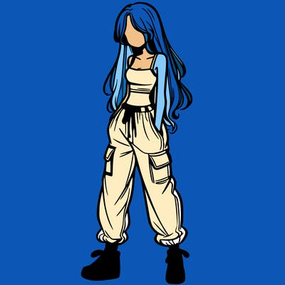 girl in baggy pants crop top and long hair