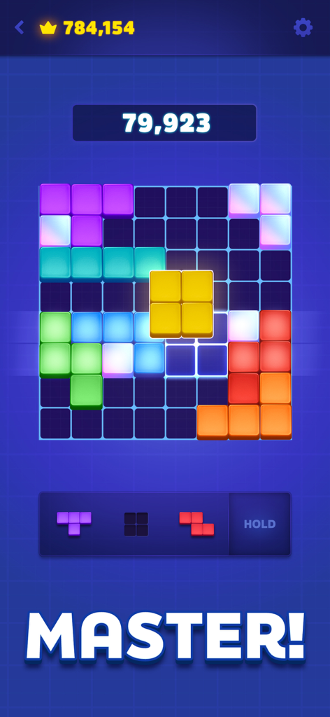 Tetris® Block Blast - テトリスブロックブラストゲームプレイ画面。ブロックパズルボードにカラフルなテトリミノと「マスター」と表示されている。