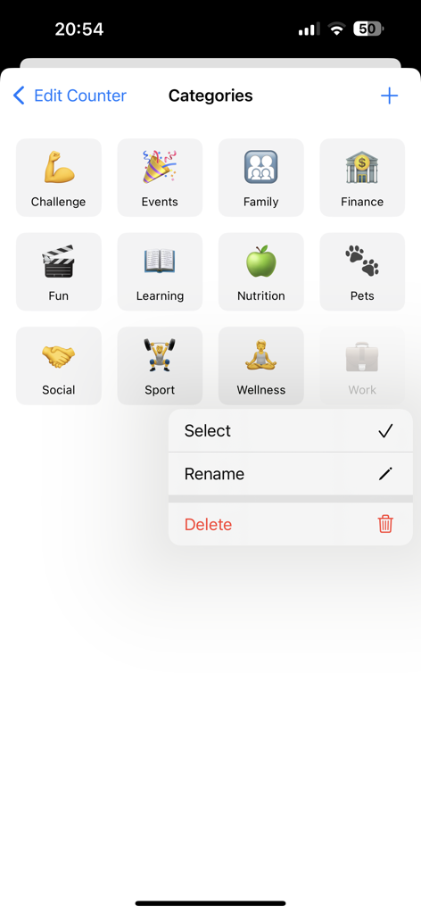 Counter App - Click Tracker - List of customizable tracking categories in the Counter App with edit options
