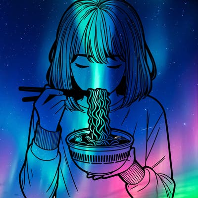 a girl realistic eating ramen noodles