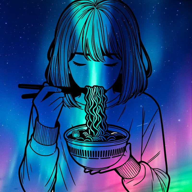 a girl realistic eating ramen noodles
