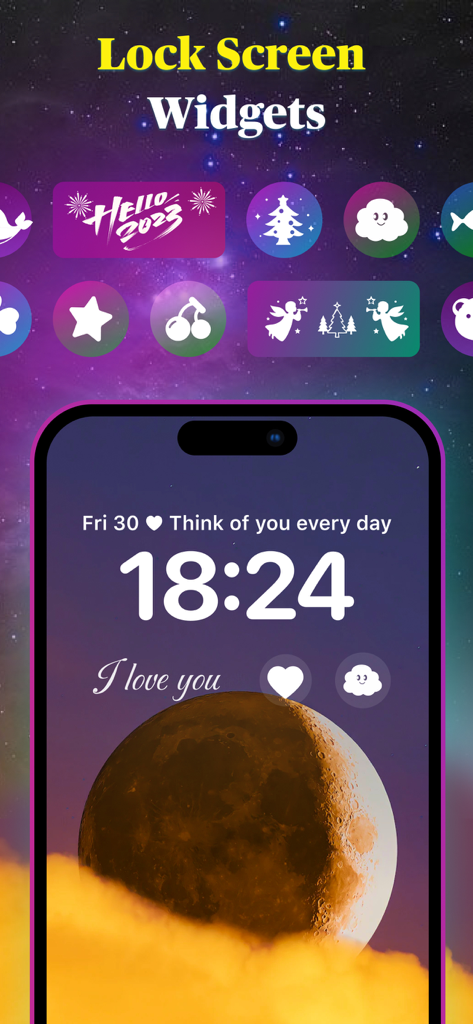 Themes: Widget,Wallpaper,Icon - Pantalla de bloqueo personalizable de iPhone con widgets estéticos y un fondo de pantalla de luna