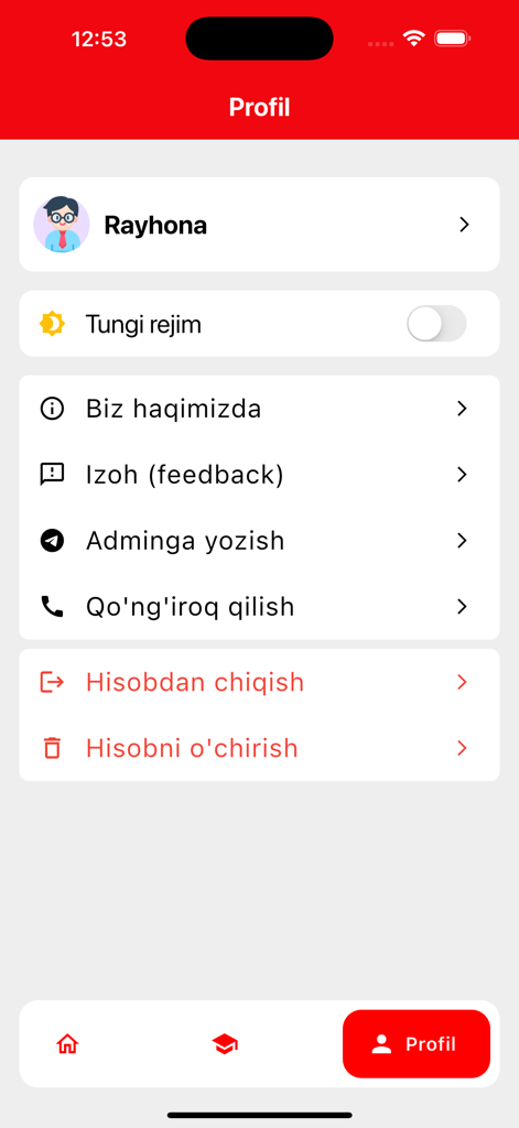 iMed Team - User profile interface of the iMed Team medical education app showing settings and account options in Uzbek.