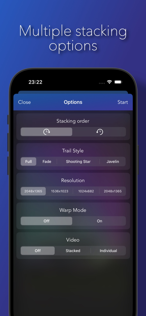 Star Stacker - Mobile app interface showing star trail stacking options including style, resolution, and warp mode.