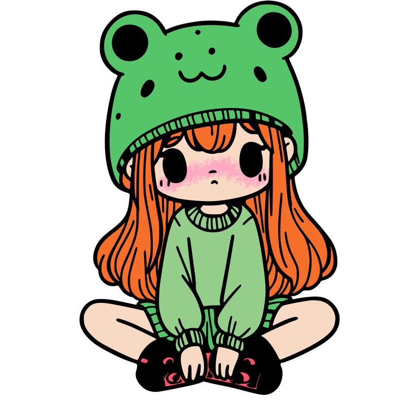 a girl wearing a frog hat and some frog socks