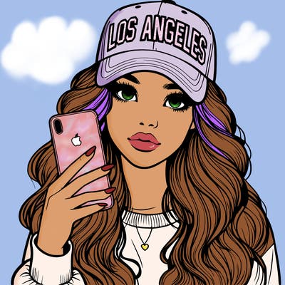 realistic beautiful girl wearing los ángeles cap holding an iphone