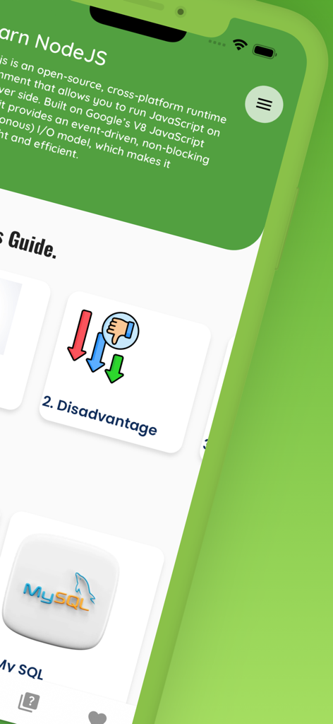 NodeJS Programming Guide - Ein Screenshot der mobilen App NodeJS Programming Guide mit Tutorial-Karten für Programmier-Themen
